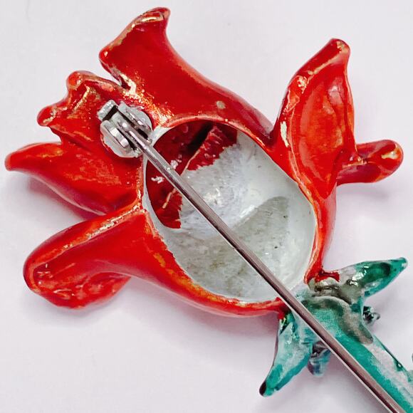 Vintage 70s 80s Red Enamel Rose Brooch Gold Tone Floral Pin Fun Flower Power - Picture 10 of 12